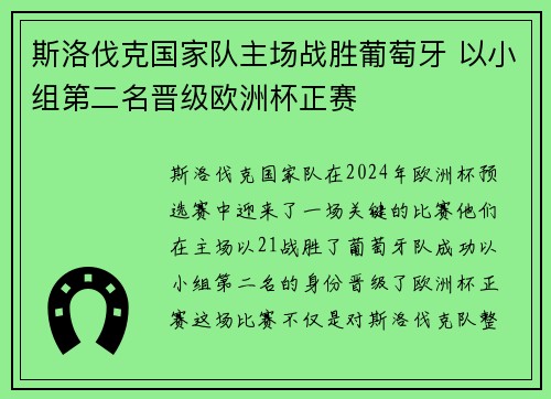 斯洛伐克国家队主场战胜葡萄牙 以小组第二名晋级欧洲杯正赛
