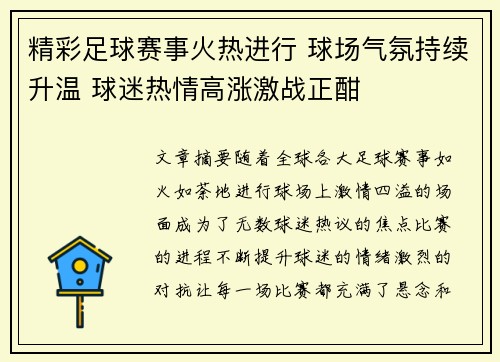 精彩足球赛事火热进行 球场气氛持续升温 球迷热情高涨激战正酣