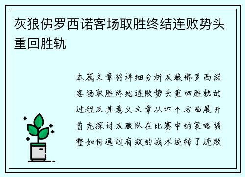 灰狼佛罗西诺客场取胜终结连败势头重回胜轨