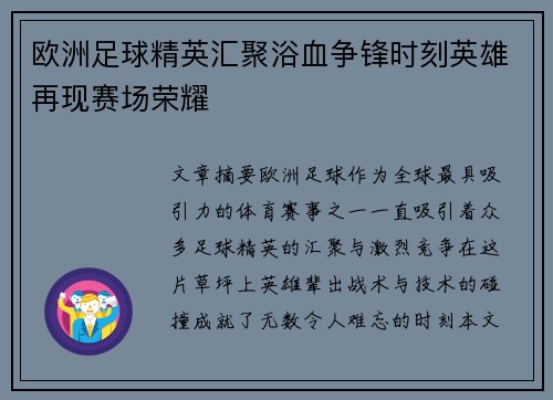 欧洲足球精英汇聚浴血争锋时刻英雄再现赛场荣耀