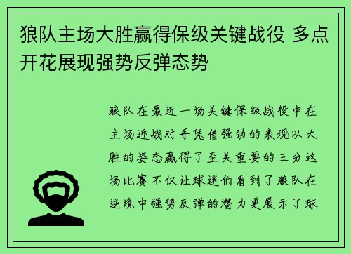 狼队主场大胜赢得保级关键战役 多点开花展现强势反弹态势