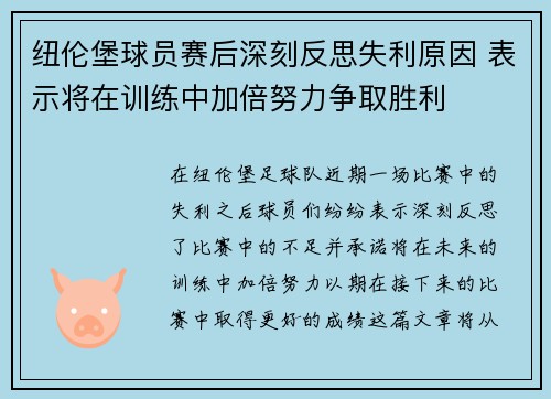 纽伦堡球员赛后深刻反思失利原因 表示将在训练中加倍努力争取胜利
